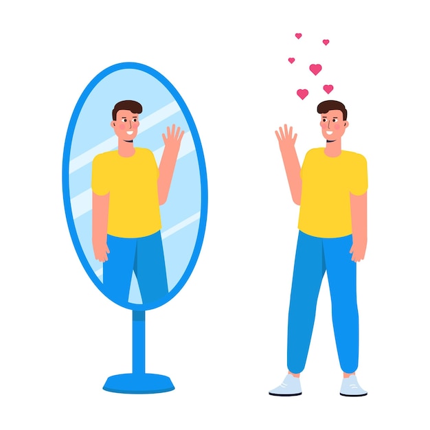 Un hombre parado frente a un espejo mirando su propio reflejo encarna la idea del amor propio el concepto de egoísmo se refleja en esta ilustración vectorial