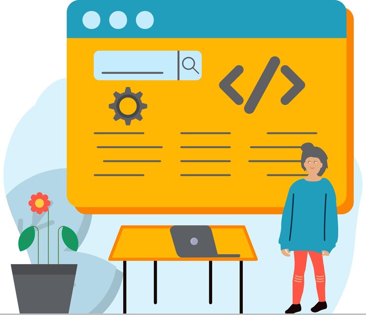 Vector un hombre parado frente a una pantalla de computadora que dice html.