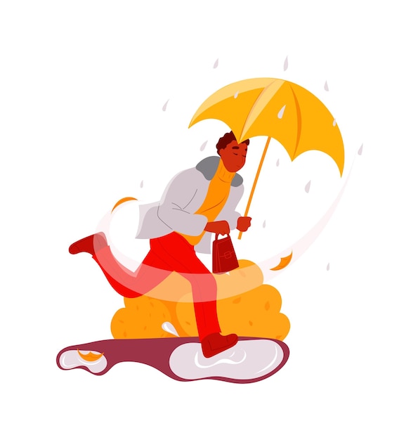 Hombre con paraguas corriendo bajo la lluvia ventoso mal tiempo de otoño