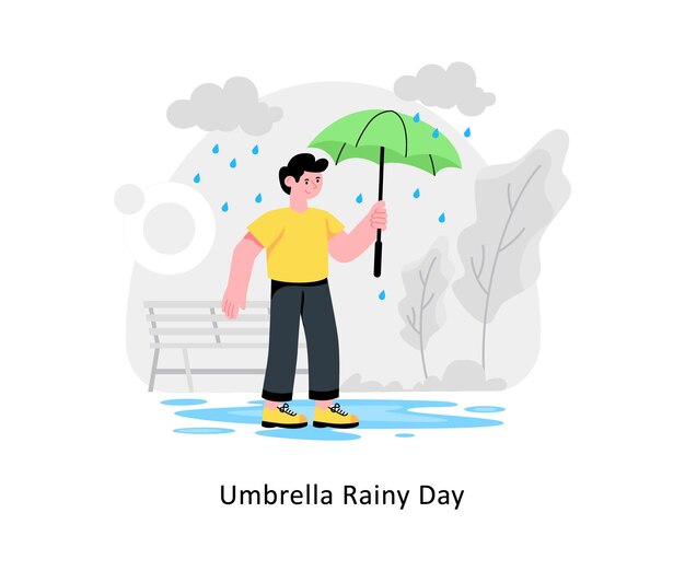 Hombre con paraguas Día de lluvia vector de concepto abstracto en una ilustración de stock de estilo plano