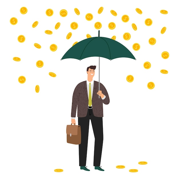 Hombre con paraguas bajo la lluvia de dinero. Beneficio de la inversión del empresario, carácter de vector de gerente de chico de sonrisa feliz