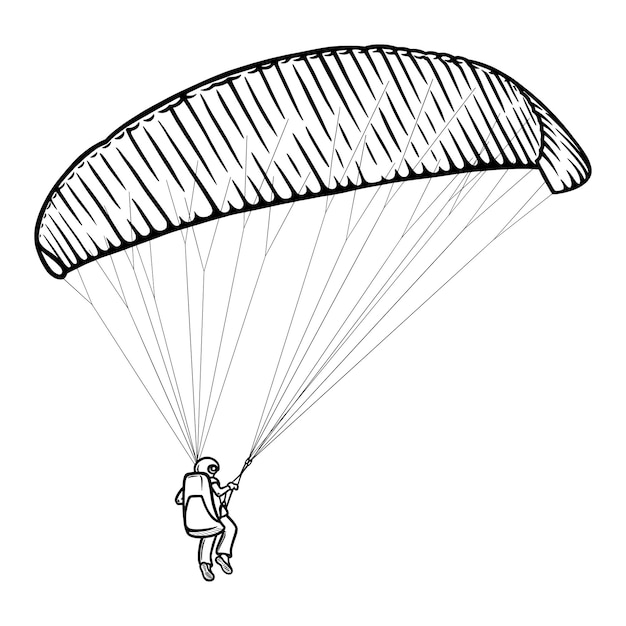 Hombre de parapente boceto ala de parapente y arnés para vuelos aéreos ilustración monocroma