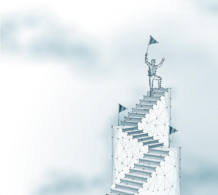 El hombre en la parte superior de la escalera del éxito digital el camino para lograr la misión de la transformación digital
