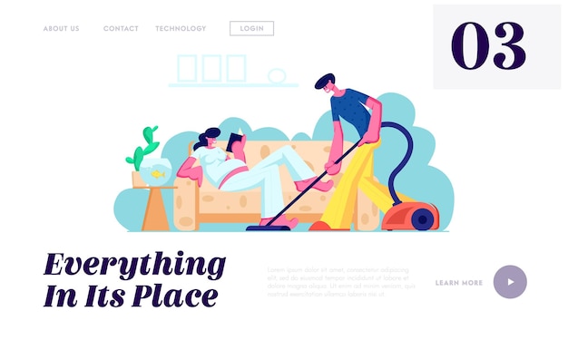 Hombre pasar la aspiradora por piso, mujer embarazada con gran vientre leyendo en el sofá. Familia esperando bebé, pareja esposo y esposa Página de inicio limpia del sitio web, página web. Ilustración de Vector plano de dibujos animados