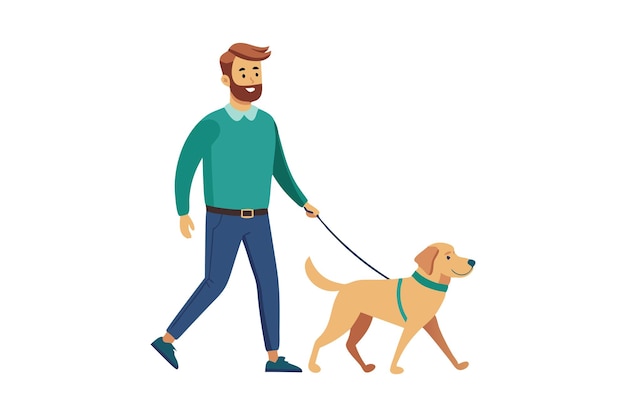 Hombre paseando al perro con correa con ropa casual