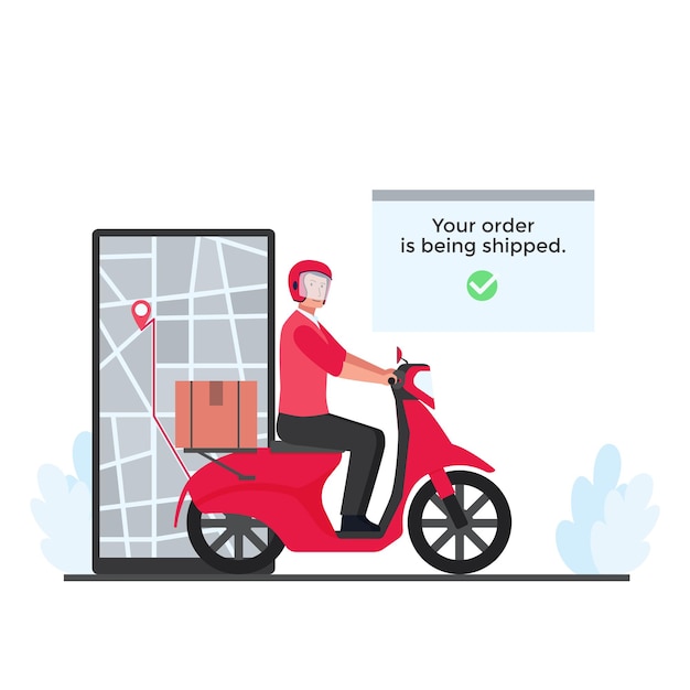 El hombre paseo en scooter con cajas entrega el paquete al destino en la metáfora telefónica de la entrega de seguimiento en línea