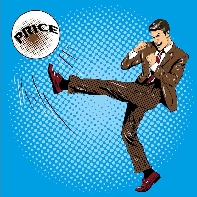 Vector hombre pateando la pelota con precio de nombre ilustración vectorial en estilo cómico pop art retro hombre de negocios luchando con la crisis financiera