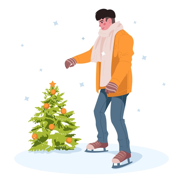 Vector hombre patinando navidad. ilustración vectorial