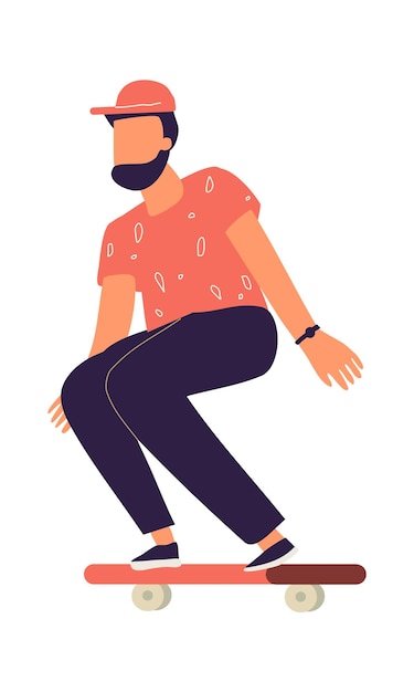 Hombre en patineta Personaje masculino montando longboard Caricatura feliz adolescente patinando Joven barbudo con gorra y ropa casual Deporte extremo urbano Actividad de patinador vectorial