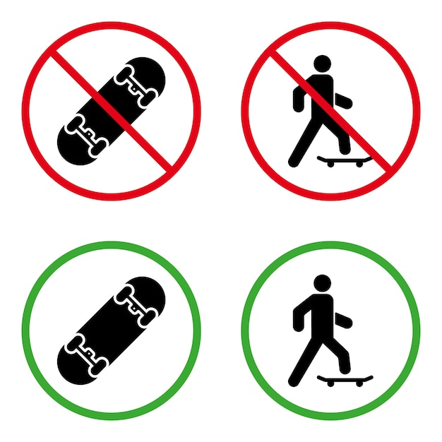 Hombre en patineta Pictograma prohibido Persona permitida en patineta Símbolo de círculo verde