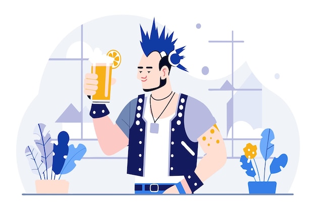 Vector un hombre con un peinado mohawk sosteniendo una botella de cerveza en la mano