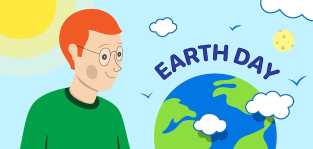 Hombre pelirrojo feliz mirando el diseño de banner vectorial del día de la tierra del planeta tierra