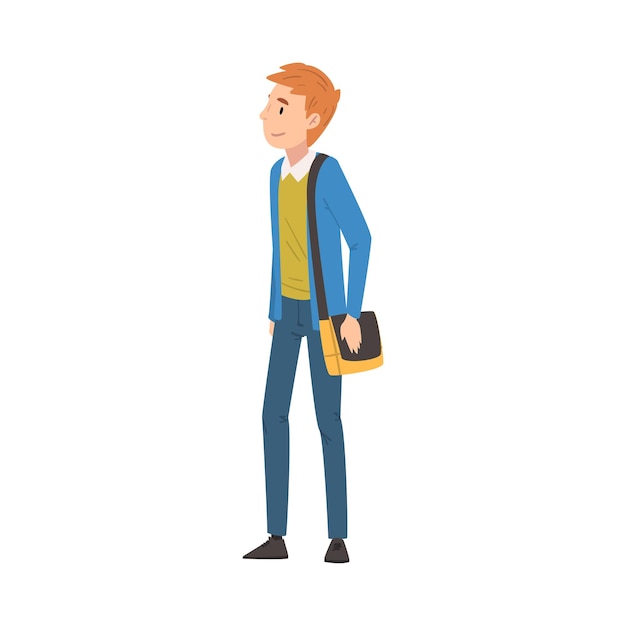 Hombre pelirrojo con ropa casual de pie con bolsa Estudiante internacional de universidad o universidad Ilustración vectorial de personajes