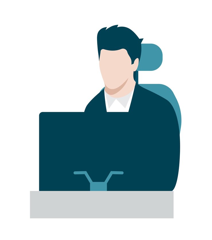 Vector hombre de pelo negro con traje trabajando frente a la computadora sentado en su escritorio estilo plano colorido