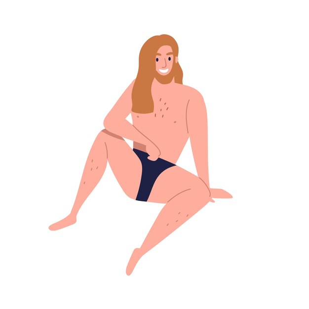 Hombre peludo positivo de cuerpo joven con cabello largo sentado en ropa de playa o traje de baño. personaje masculino feliz, alegre, delgado y en forma. chico moderno modelo desnudo. ilustración de dibujos animados de vector plano aislado en blanco.