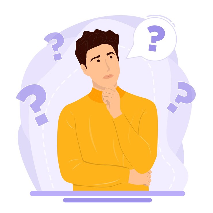 Vector hombre de pensamiento de vector plano que se siente confundido con el signo de interrogación encontrando una buena idea