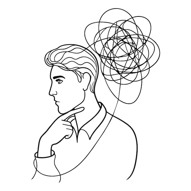 Hombre pensando y obteniendo ideas dibujo de línea continua