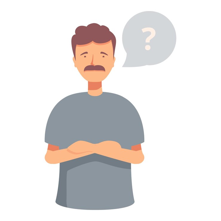 Vector hombre pensativo con burbuja de pensamiento de signo de interrogación
