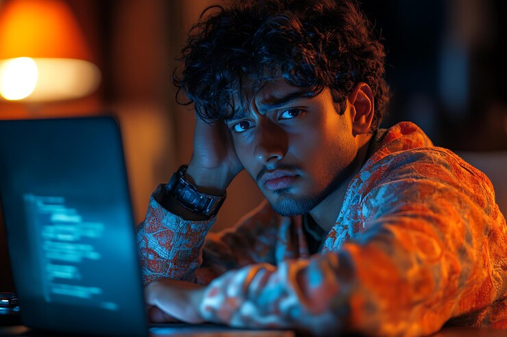 Vector hombre pensativo y concentrado trabajando tarde en la noche en la computadora portátil