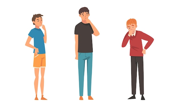 Hombre pensativo personaje rascándose la cabeza teniendo una pregunta pensando en el conjunto vectorial de materia