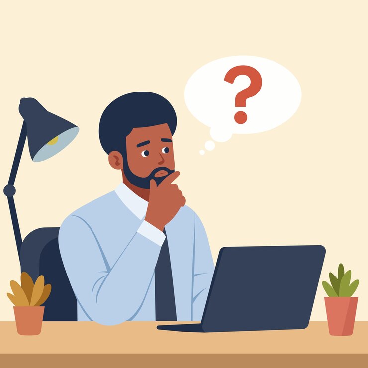 Un hombre pensativo trabajando en una computadora portátil Ilustración vectorial de dibujos animados de estilo plano