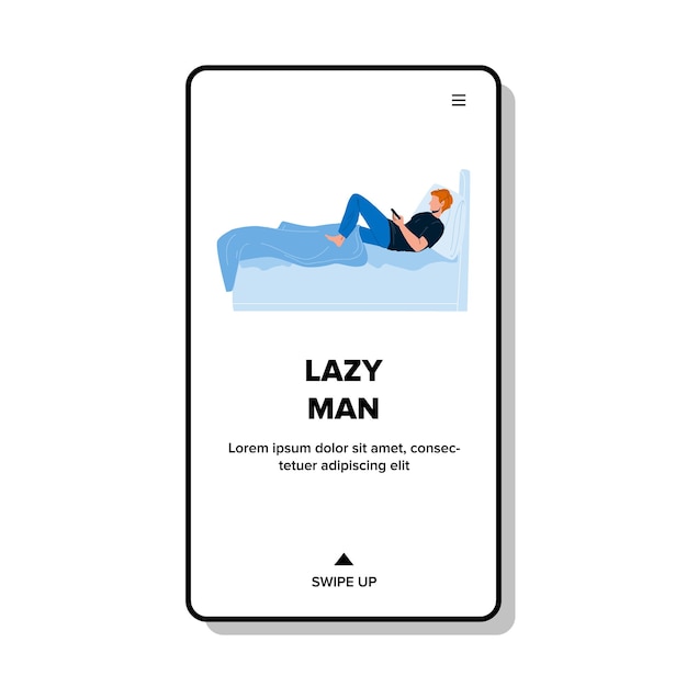 Hombre perezoso acostado en la cama y jugar con el teléfono Vector. Hombre perezoso descansando en el dormitorio y jugando juegos electrónicos en el teléfono inteligente o viendo la aplicación de redes sociales. Ilustración de dibujos animados plana de personaje web