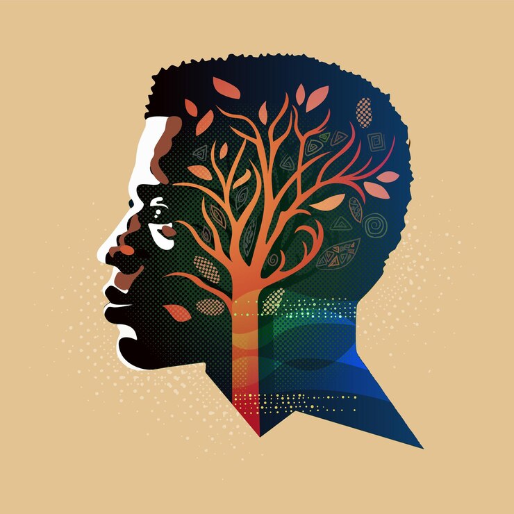 Vector hombre de perfil mirando a la distancia dentro del árbol de la vida de la cabeza concepto de póster vectorial plano del mes de la historia negra