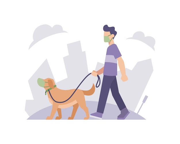 Vector un hombre y un perro con una mascarilla con la ilustración del paisaje de fondo del edificio de la ciudad