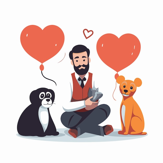 Vector hombre con perro y oso enamorados día de san valentín ilustración vectorial al estilo de dibujos animados