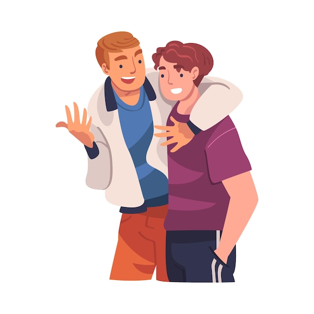 Hombre personaje abrazándose y abrazándose expresando sentimientos amistosos Ilustración vectorial