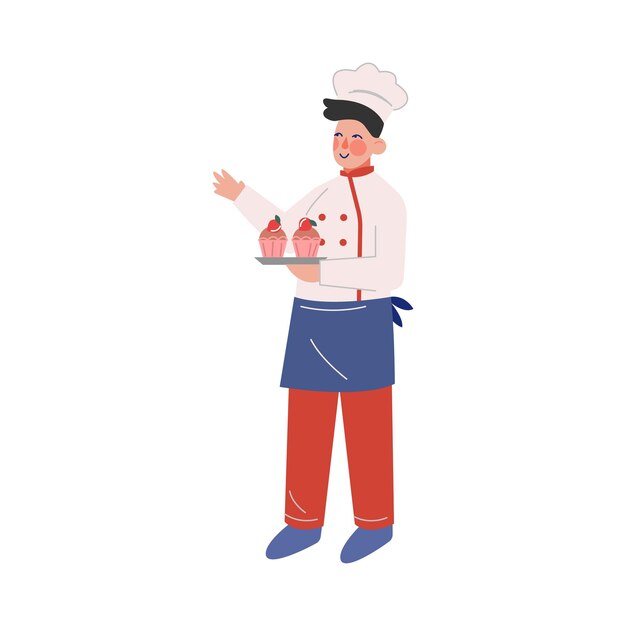 Hombre personaje de chef profesional con deliciosos cupcakes panadero masculino con uniforme tradicional