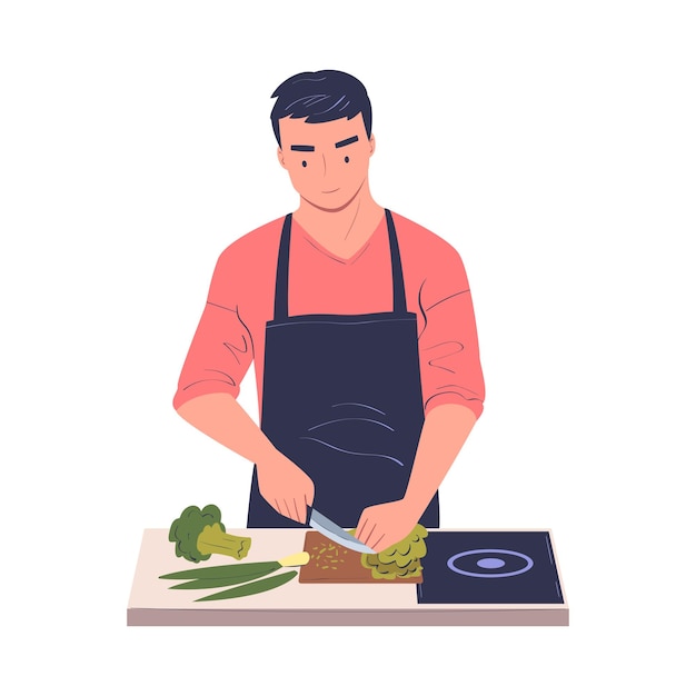 Hombre personaje cocinando en casa cortando verduras con un cuchillo de pie en la mesa Ilustración vectorial