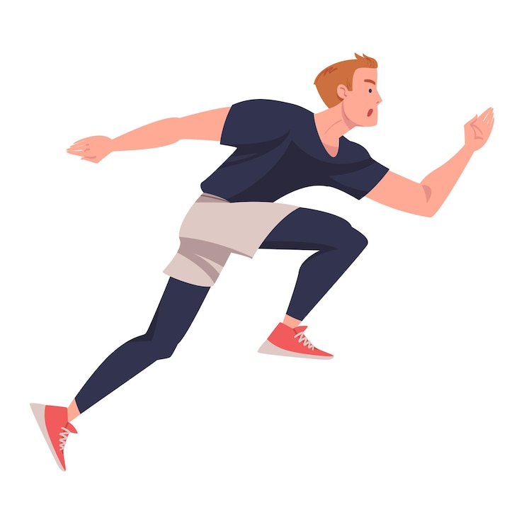 Vector hombre personaje corriendo en ropa deportiva y entrenadores involucrados en entrenamiento deportivo y vector de entrenamiento