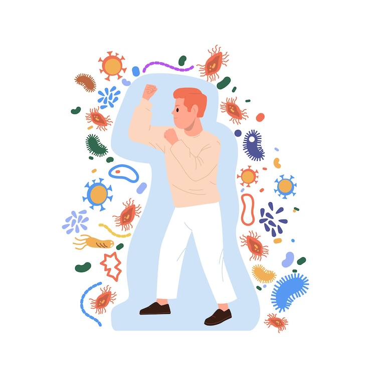 Vector hombre personaje de dibujos animados boxeo golpeando luchando contra virus infecciosos y bacterias microorganismos vector ilustración cuidado personal vacunación médica preventiva para aumentar la resistencia inmunitaria