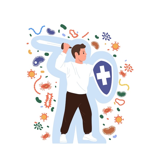 Hombre personaje de dibujos animados con fuerte inmunidad saludable usando arma de espada y escudo protector luchando contra patógenos infecciosos defendiendo el organismo de virus y bacterias ilustración vectorial