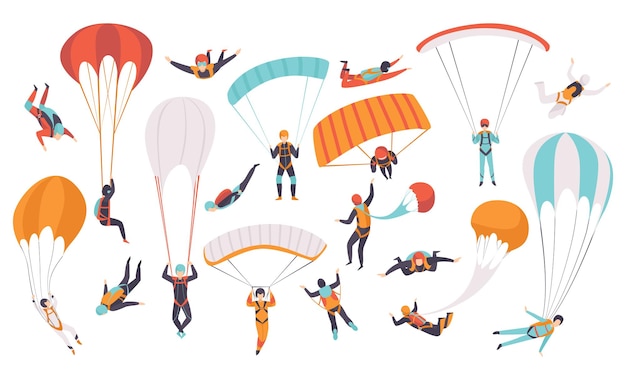 Hombre personaje paracaidismo cayendo con paracaídas y parapente gran conjunto vectorial