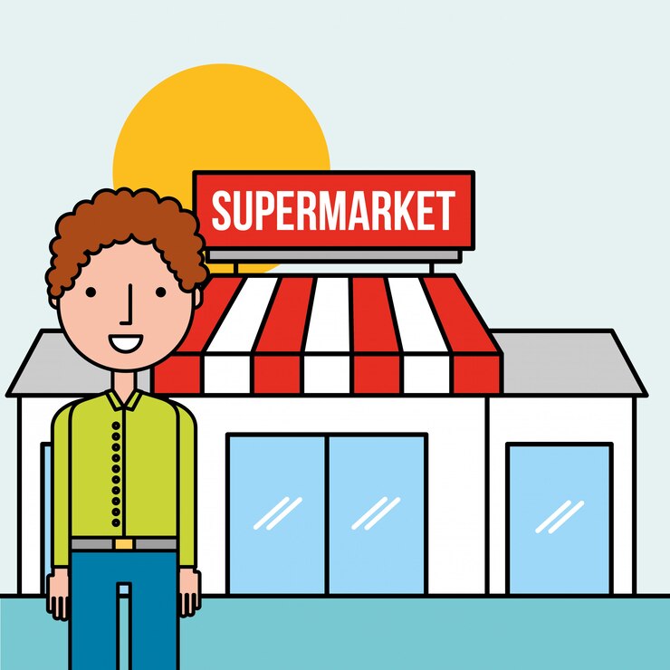 Vector hombre personaje parado frente supermercado