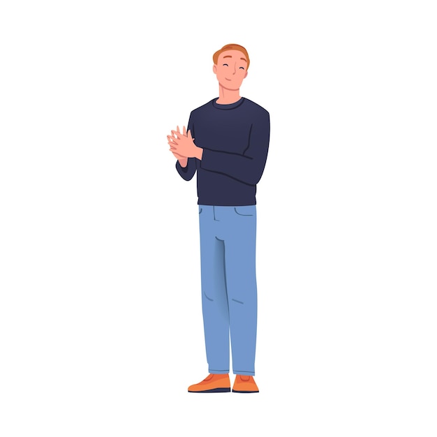 Hombre personaje de pie y aplaudiendo sus manos como aplauso y ovación ilustración vectorial de gesto
