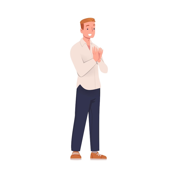 Vector hombre personaje de pie y aplaudiendo sus manos como aplauso y ovación ilustración vectorial de gesto