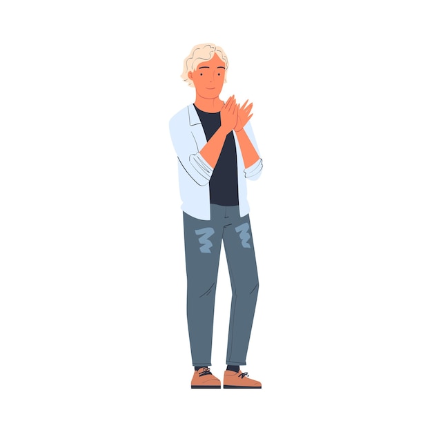 Hombre personaje de pie ovación aplaudiendo con las manos como aplauso y aclamación gesto ilustración vectorial