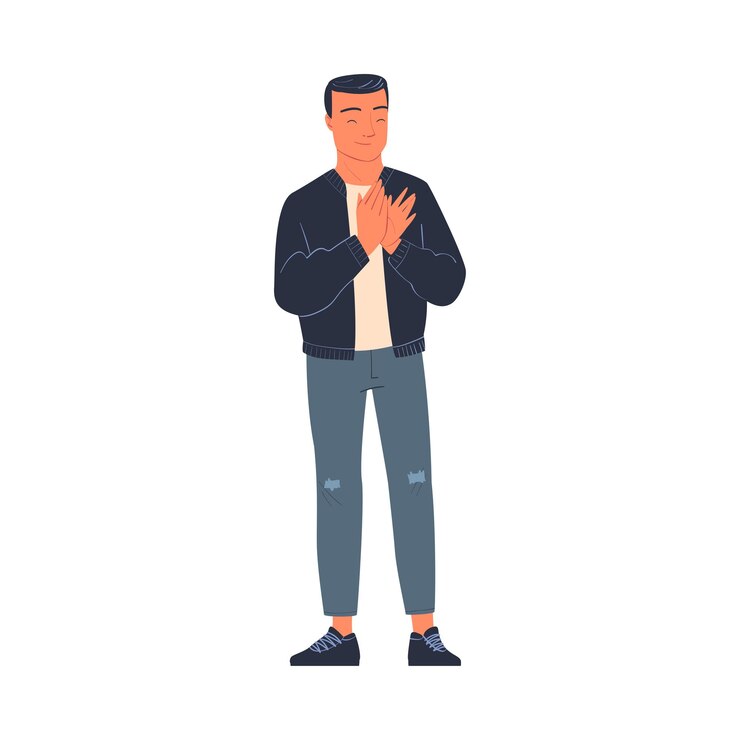 Vector hombre personaje de pie ovación aplaudiendo con las manos como aplauso y aclamación gesto ilustración vectorial