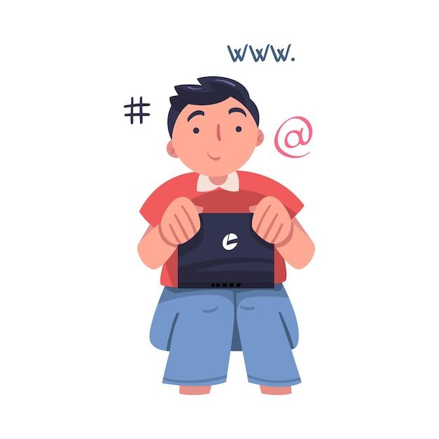 Hombre con personaje portátil trabajando con información analizando datos y navegando por el vector de Internet