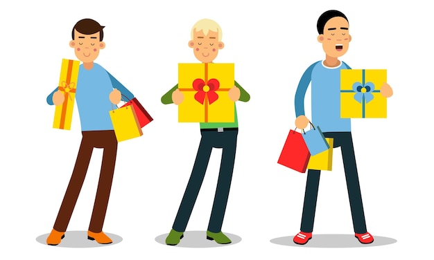 Hombre personaje que lleva bolsas de compras brillantes y cajas de regalos Conjunto de ilustraciones vectoriales