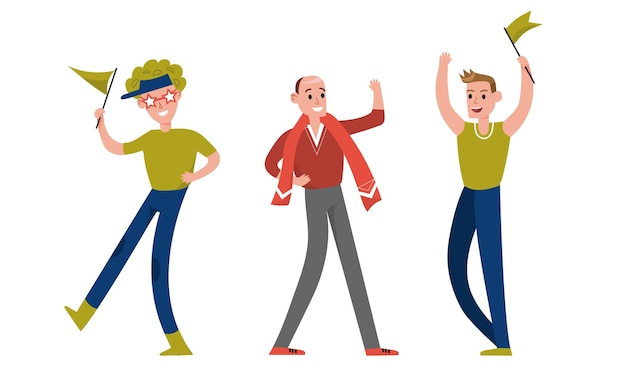 Hombre Personajes Aficionados deportivos sosteniendo banderas Conjunto de ilustraciones vectoriales