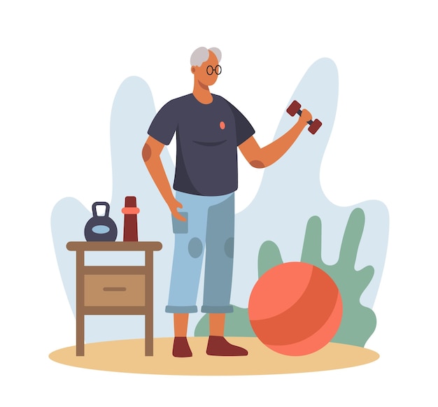 Hombre con pesas y entrenamiento en el gimnasio Estilo de vida saludable y activo para las personas mayores concepto