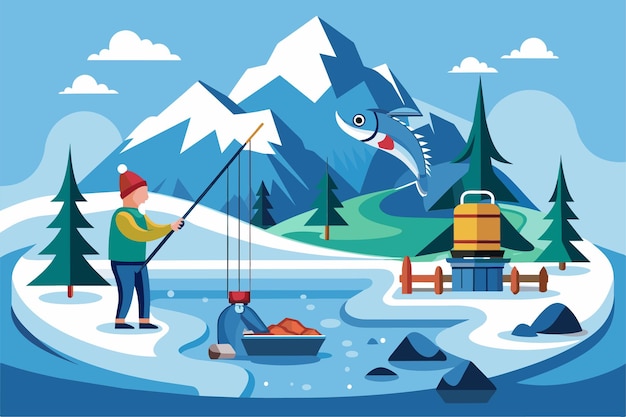 Un hombre pesca en un lago sosteniendo un pez atrapado pesca en hielo Ilustración semi plana personalizable