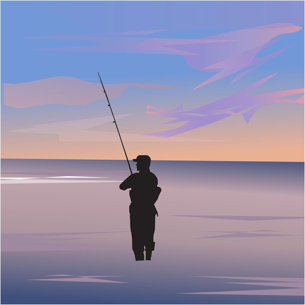 Vector hombre pescando al atardecer en la playa.