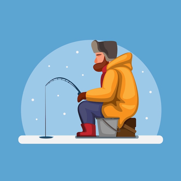 Hombre pescando en el hielo en el río congelado en concepto de temporada de invierno en la ilustración de dibujos animados