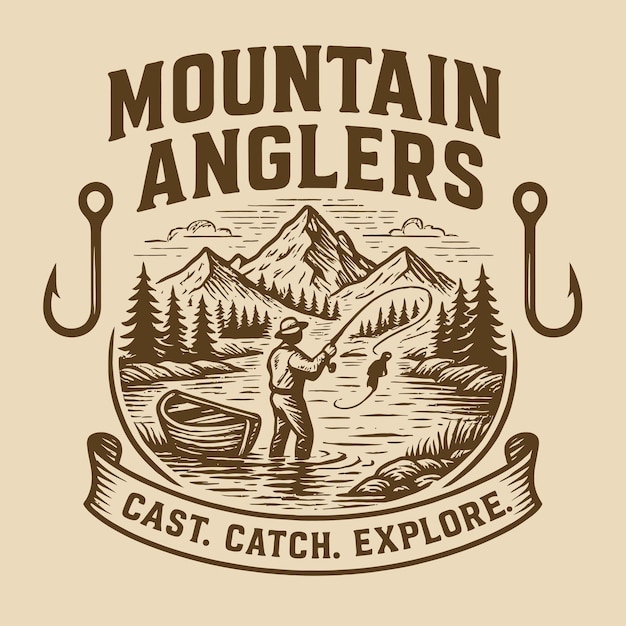 Un hombre pescando en un río de montaña con un bote y ganchos Ilustración