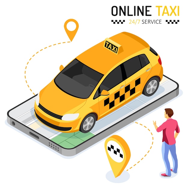 Vector hombre pide taxi desde smartphone